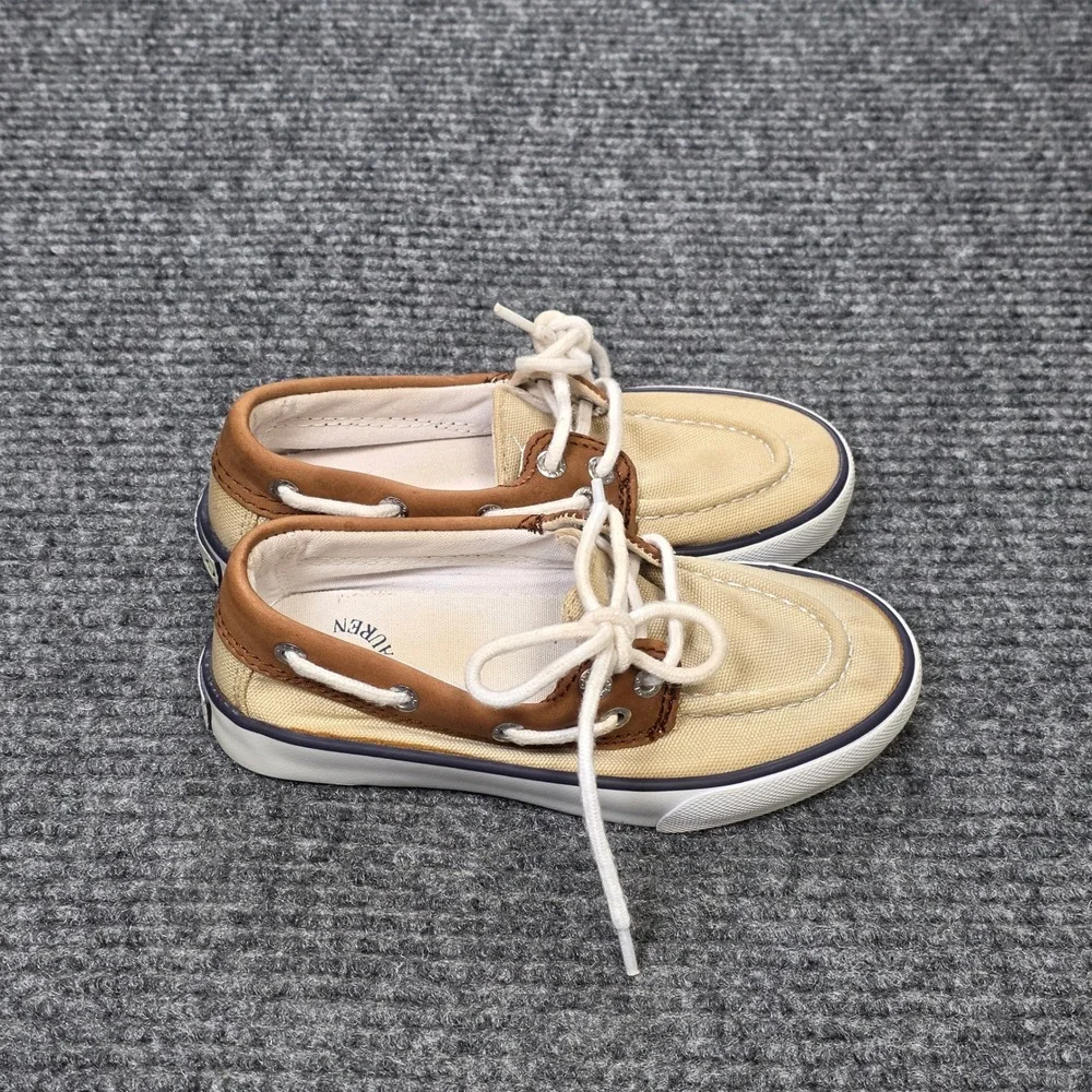 Polo Ralph Lauren Sander Leather Boat Shoes Boy's Size 11 Tan Brown Textile Lace